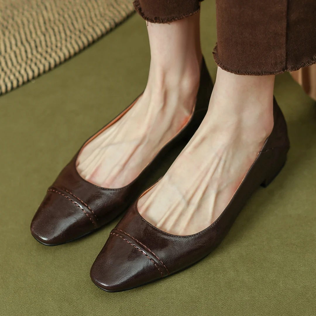 Балетки женские из мягкой овечьей кожи без застежки квадратный носок удобная