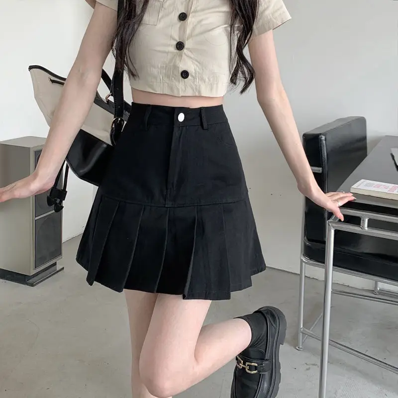 

Summer Vintage Skirt Women High Waist Sexy Package Hip Denim Party Skirt Fashion All-match Slim Pleated A-line Mini Skirt Female