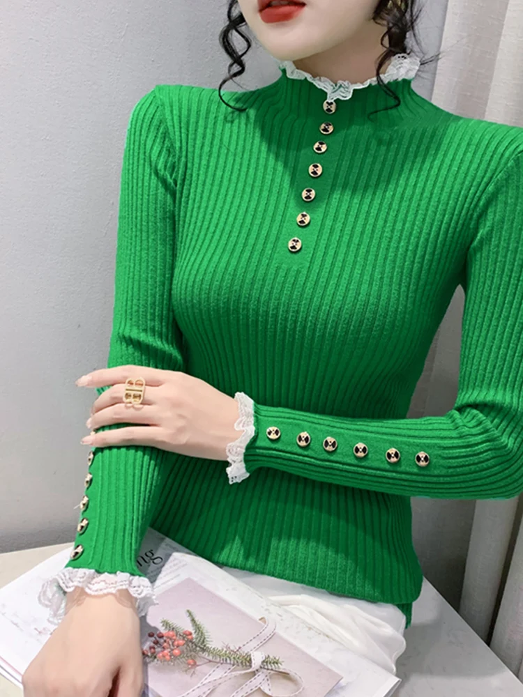 

Autumn Sweater 2023 New Women Slim Button Half Height Collar Long Sleeve Interior Lapping Comfortable Solid Color All-match Top