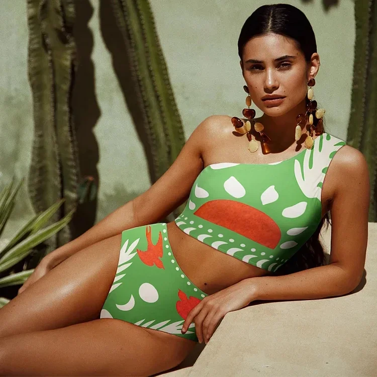 Новинка 2024 комплект бикини женский купальник на одно плечо с принтом из двух