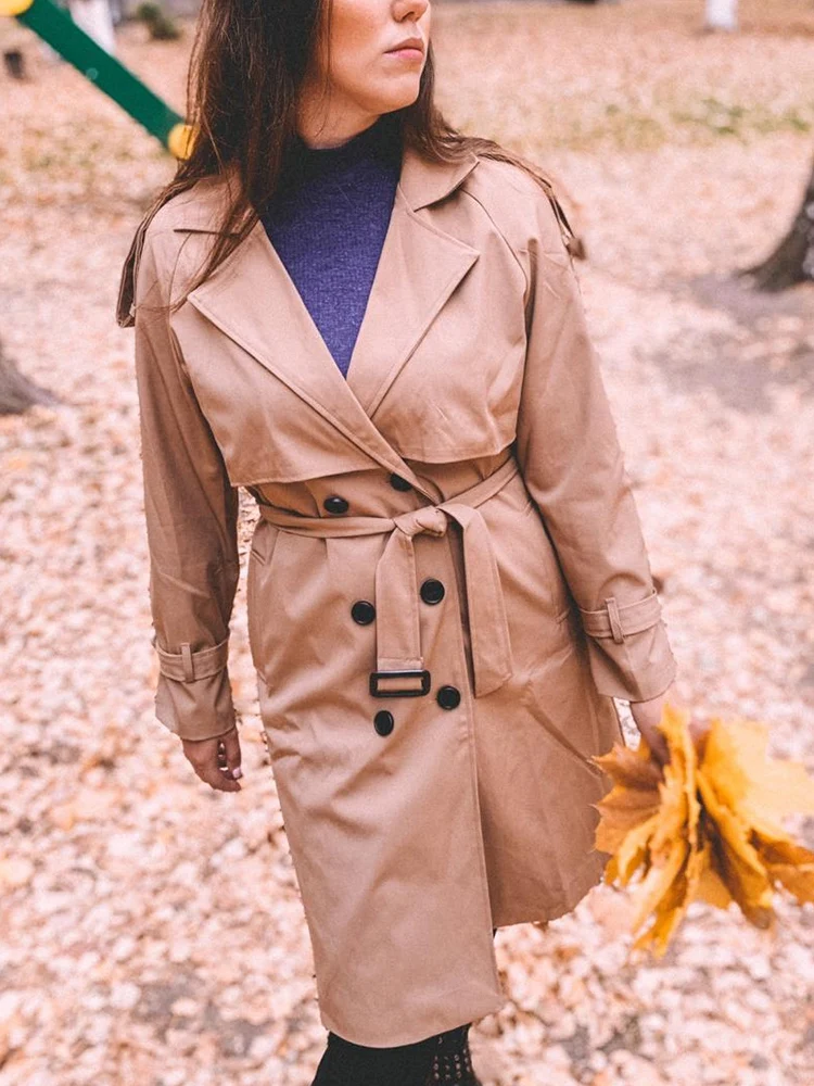 

FTLZZ Spring Autumn Women Turn-down Collar Double Breasted Long Trench Office Lady Sash Tie Up Coat Female Slim Jacket