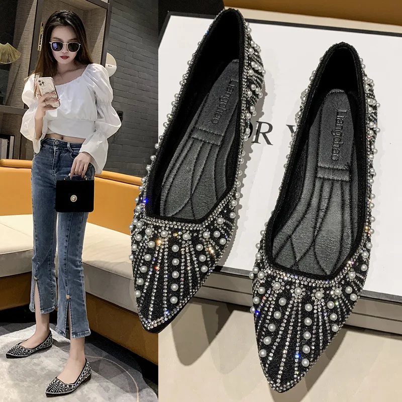 

New Spring And Summer Shallow Mouth Pearl Rhinestone Doudou Shoes Women's Flat Sole And Soft Sole Fashion Single Shoes