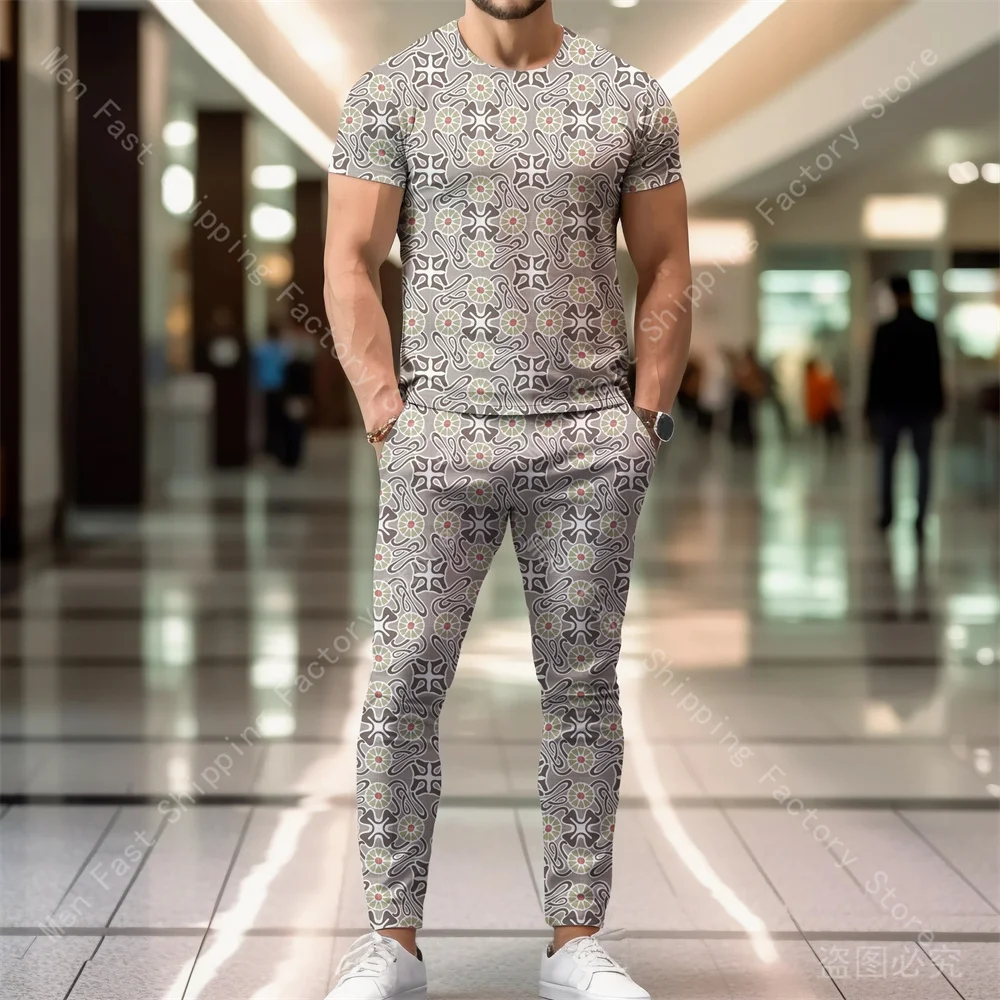 Men Tracksuits Summer Clothing T Shirt Pants Sets Print Sportswear Trousers Suits Oversized T-shirts Sweatpants Sets Casual Tops
