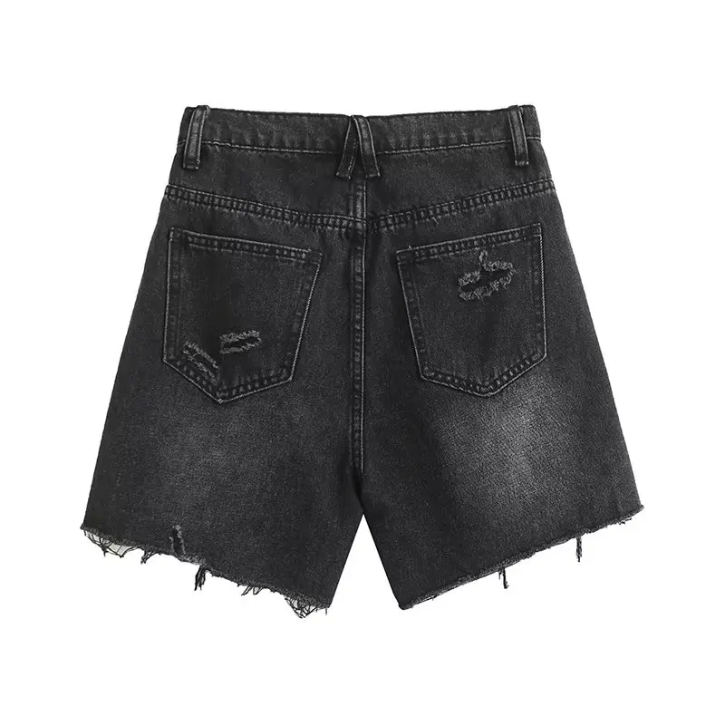 Jenny&Dave American Retro High Street Summer Mom Shorts Washed Hole Solid Color Denim Shorts