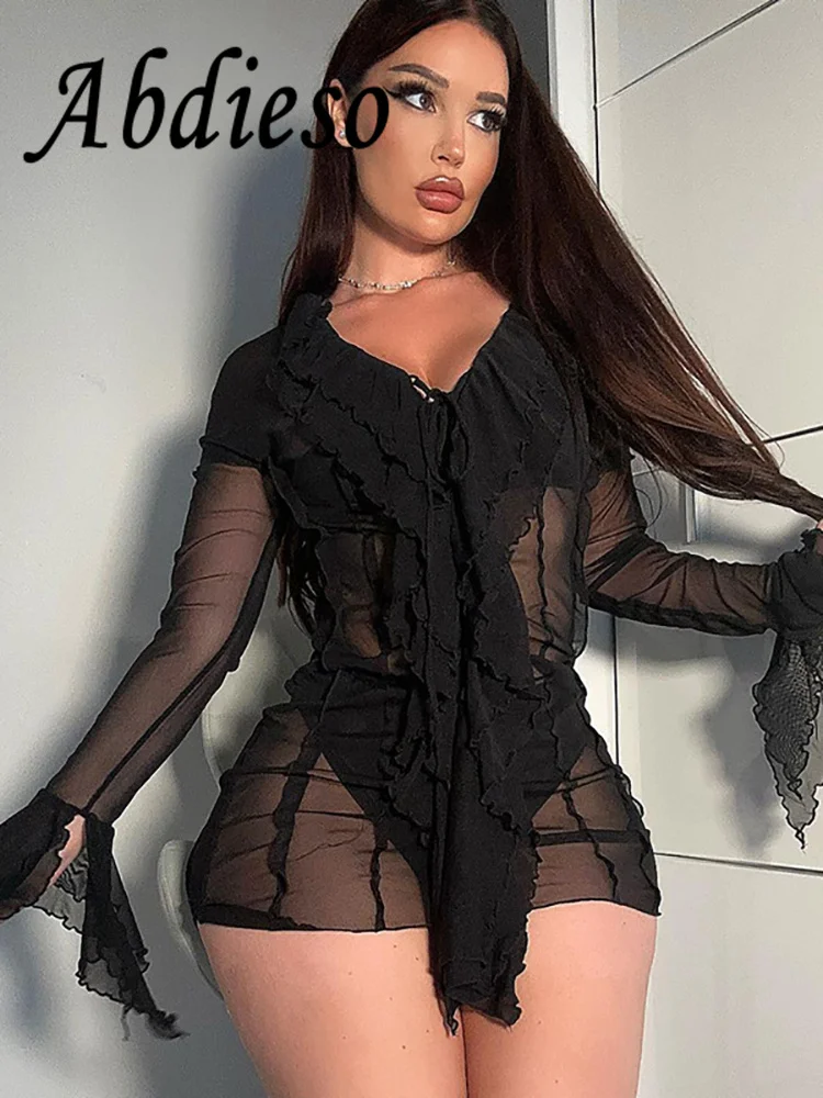 

Abdieso черная сетка сексуальное прозрачное мини облегающее платье женская одежда 2023 осенние оборки V-образный вырез с длинным рукавом Короткие женские платья