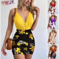 summer sexy two piece set women fashion v neck sleeveless suspender top floral print tight skirt suit two piece set women clothe