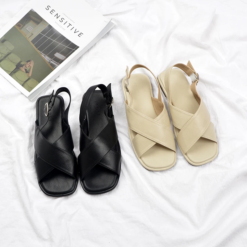 

Open Toe Beige Heeled Sandals Comfort Shoes for Women 2022 Summer Soft All-Match Cross Peep Black Flat Gladiator Fashion Low Gir