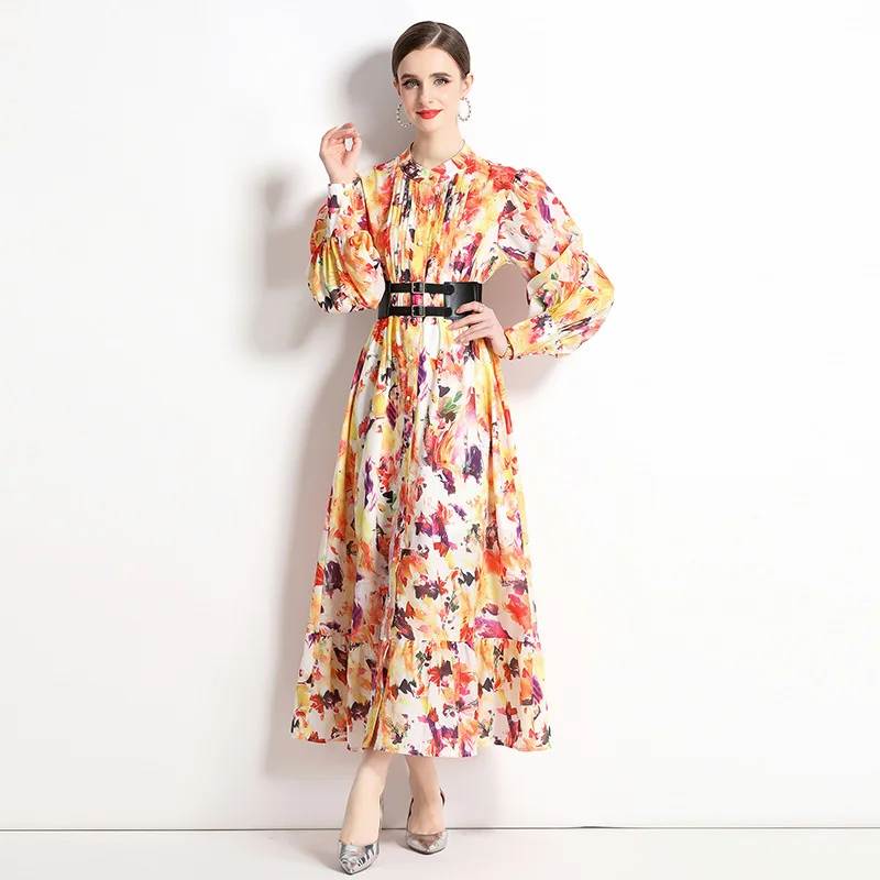 

New Floral Maxi Long Dress Shirt Women 2023 Summer Autumn Lantern Long Sleeve Breasted Flower Print Vestidos Prom Evening Robe