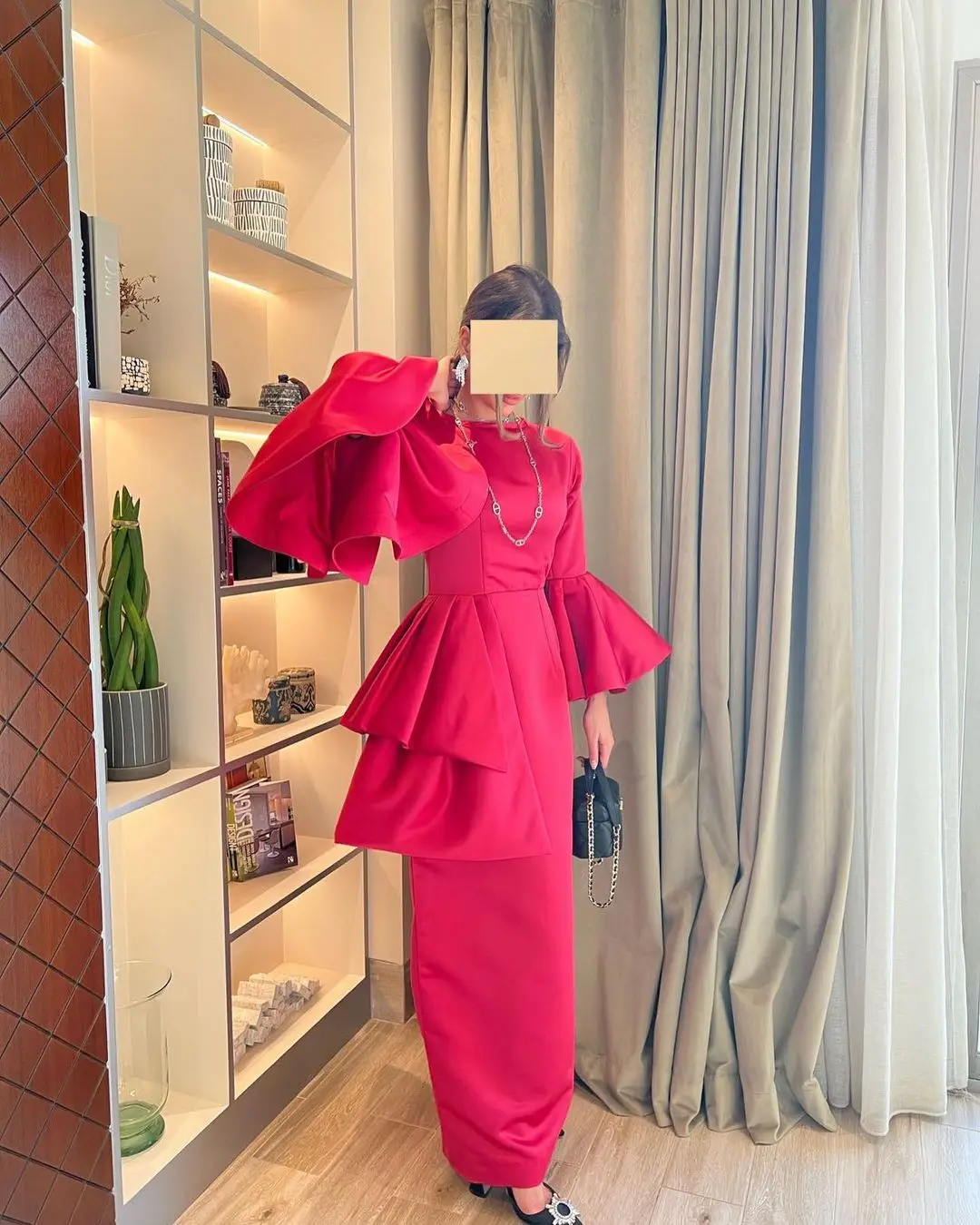 

Vintage Mermaid Long Sleeves Prom Dresses O-Neck Pleated Floor Length Party Dresses for Women