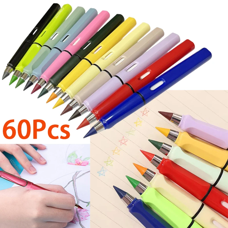 

60Pcs Colored HB Pencils 12 Colors Inkless Infinity Pencil Unlimited Writing No Ink Painting School Office Supplies Gift
