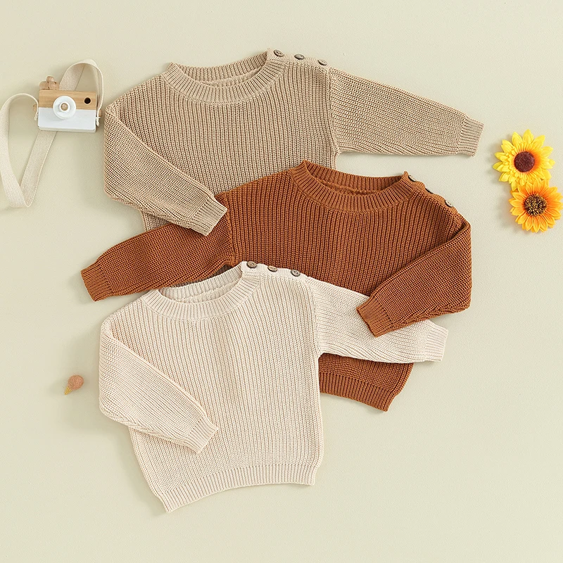 

Вязаные свитера с длинным рукавом для новорожденных девочек и мальчиков, Осень-зима, однотонный Свободный пуловер, повседневные топы, одежда для детей ясельного возраста