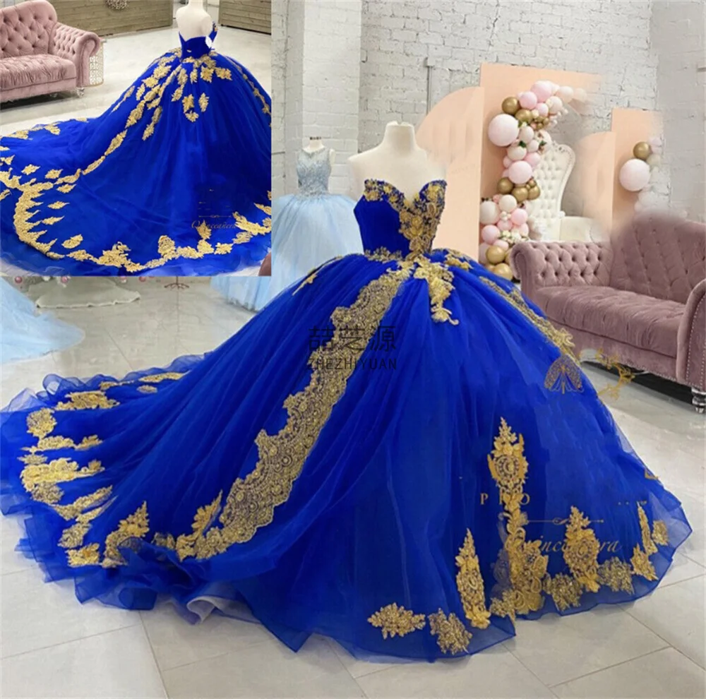 

Quinceanera Dresses 2023 Blue Tulle Sweetheart Neckline Lace Appliques Royal Train vestidos de 15 años quinceañeras 2023