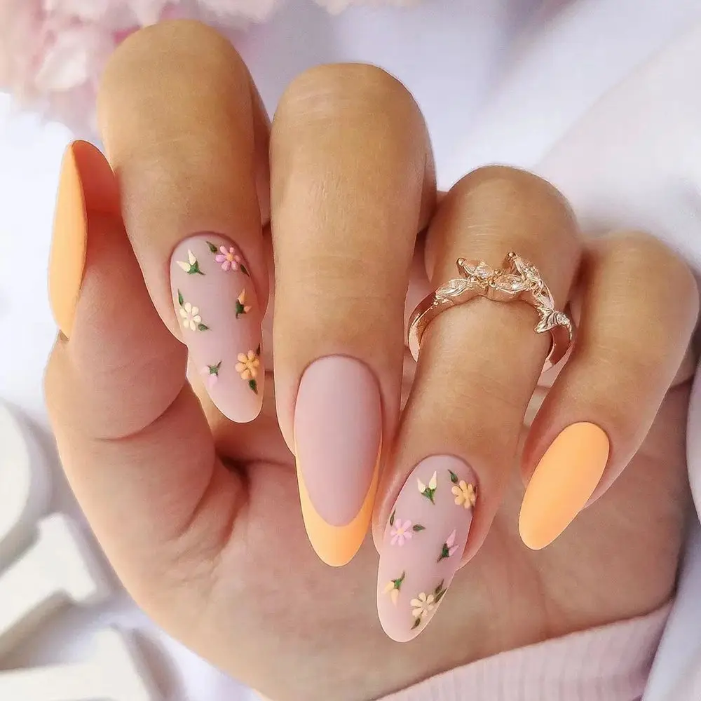 24Pcs Yellow Small Fresh Round Head Small Flower Almond False Nails Cute French Fake Nails Full Cover Nail Tips Press On Nails