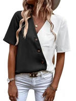 2022 new summer v neck chiffon fashion contrast color short sleeved shirt womens top
