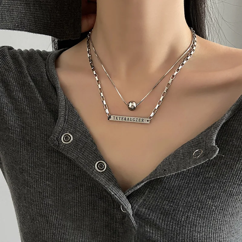 

New Fashion Metal Beads Letter Square Double-layer Necklace Female Summer Niche Design Clavicle Chain Simple Versatile Jewelry