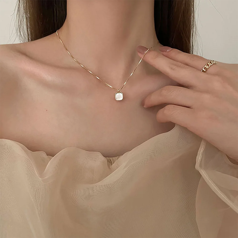 KISSWIFE Gold Vintage Thin Chain Necklace For Women White Square Pendant Concise Elegant Necklace 2022 Trend Fashion Jewelry