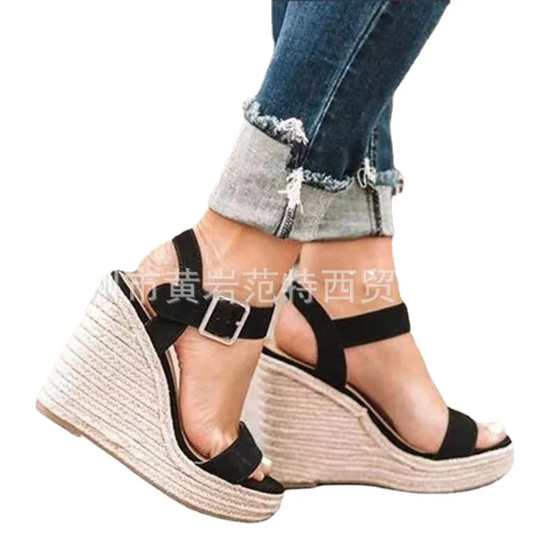 

Summer new style hemp rope wedge heel light soled sandals snake buckle large size buckle high heel women's sandals