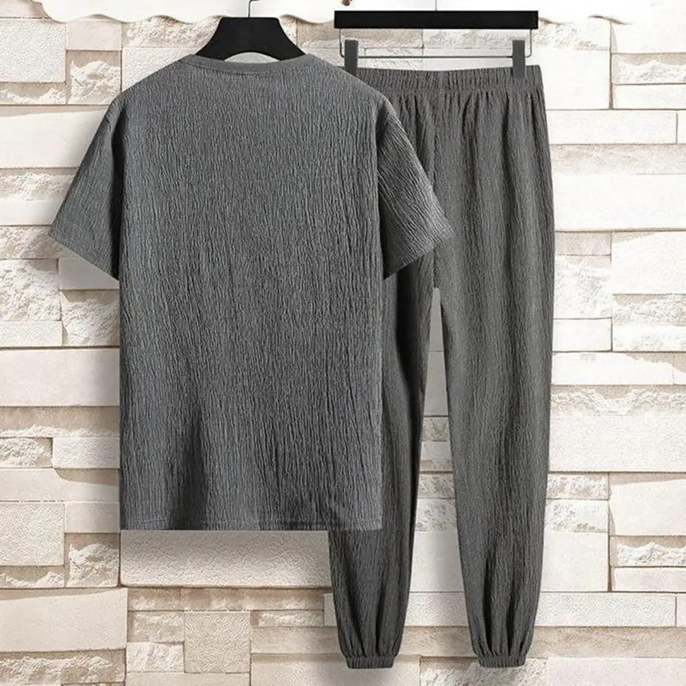 

1 Set Sportswear Set Round Neck Temperament Elastic Waist Relaxed Fit Lace-up Tracksuits Men Outfit Streetwear
