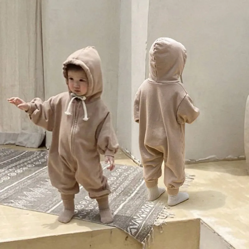 

Autumn Baby Clothes Infant Thickened Hooded Romper Toddler Slant Zip Solid Jumpsuit