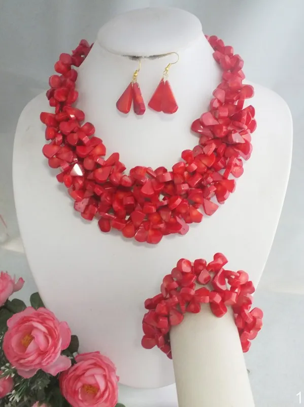 

2019-9-27# Red Coral African Beads Jewelry Set For Nigerian Wedding 21"