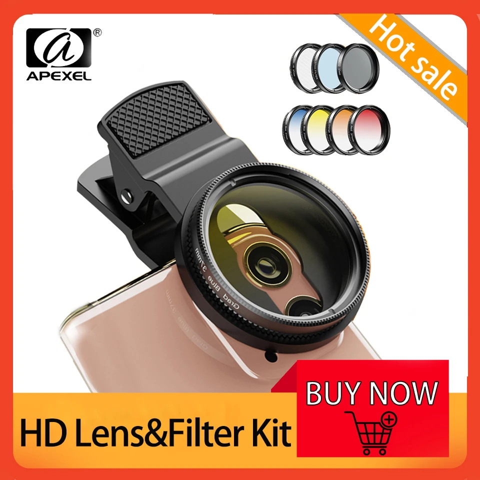 

APEXEL 7 IN 1 Camera Phone Lens Kit 37mm 0.45X Wide Angle Graduated Red/Yellow/Orange/Blue Color Filters+CPL ND/Star Filters
