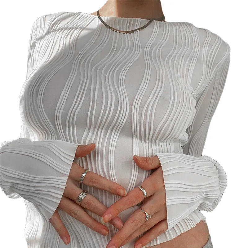 

JIERAN Textured Skinny Basic Cropped Long Sleeve Tops Slim Fitted Pleated Ruched Crewneck Sexy Tee Pullover Shirts Y2k