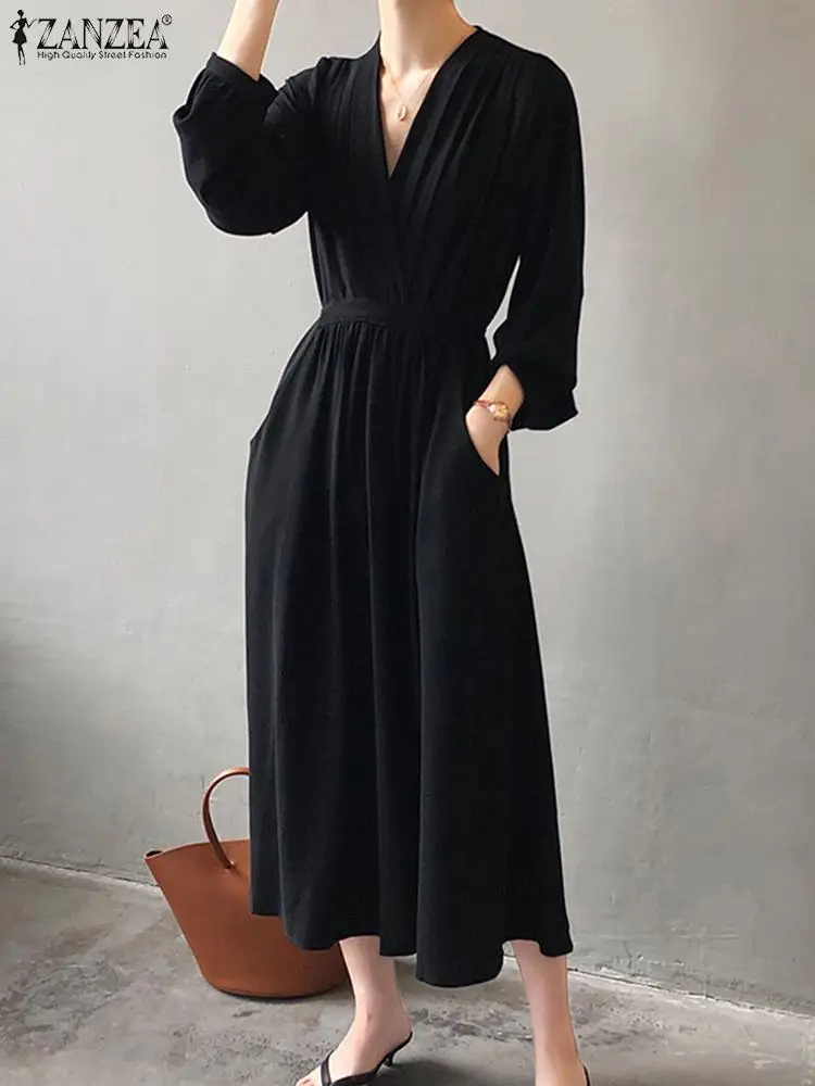 

Платье ZANZEA женское с длинным рукавом, элегантный плиссированный Повседневный однотонный Макси Сарафан с V-образным вырезом, большие размер...