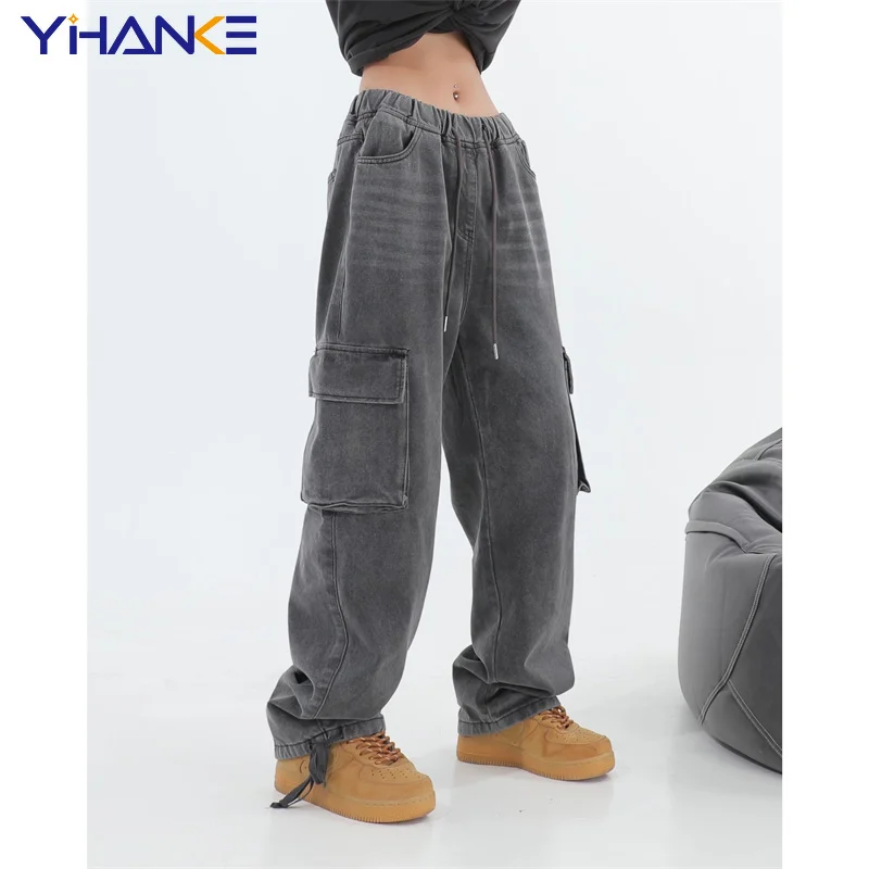 

Gray Cargo Jeans Vintage Pockets Lace Up High Waist Casual Women Pants Wide Leg Casual Denim Streetwear Baggy Boyfriend Trousers