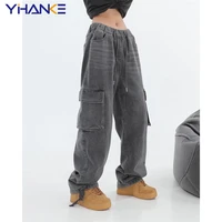 gray cargo jeans vintage pockets lace up high waist casual women pants wide leg casual denim streetwear baggy boyfriend trousers
