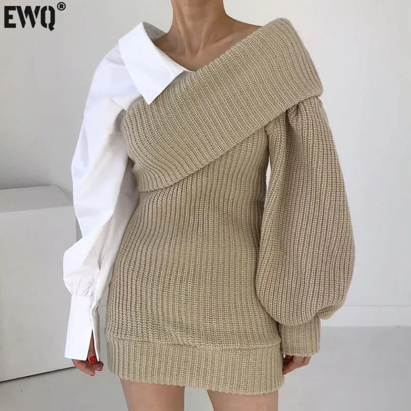 Женская свободная рубашка [EWQ] белая контрастной расцветки с V-образным вырезом