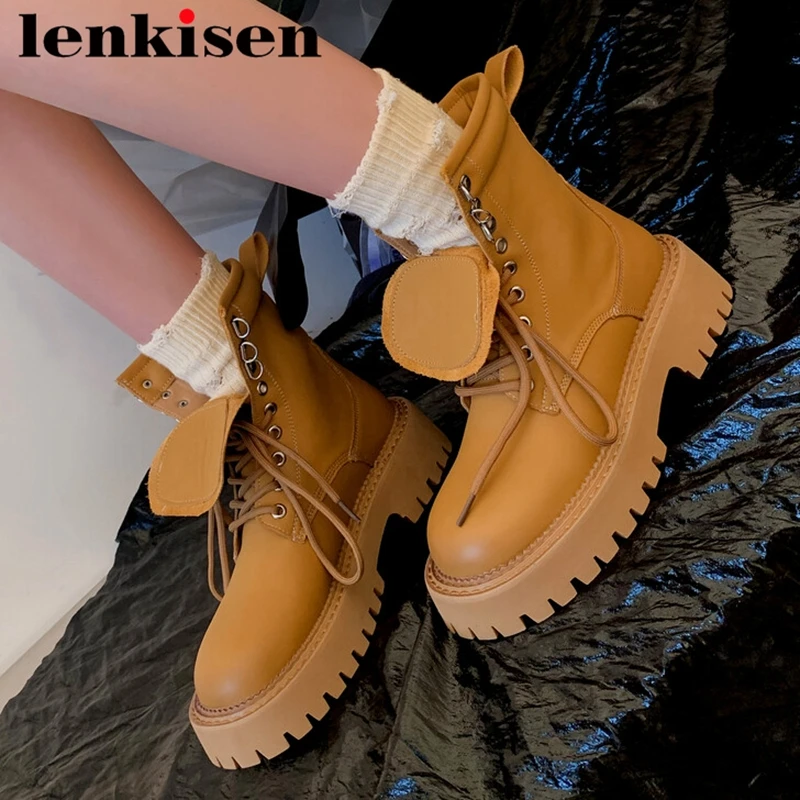 

Мотоциклетные ботинки Lenkisen из коровьей кожи с круглым носком, уличная одежда в стиле Tomboy на толстой подошве, зимняя обувь на платформе, боти...