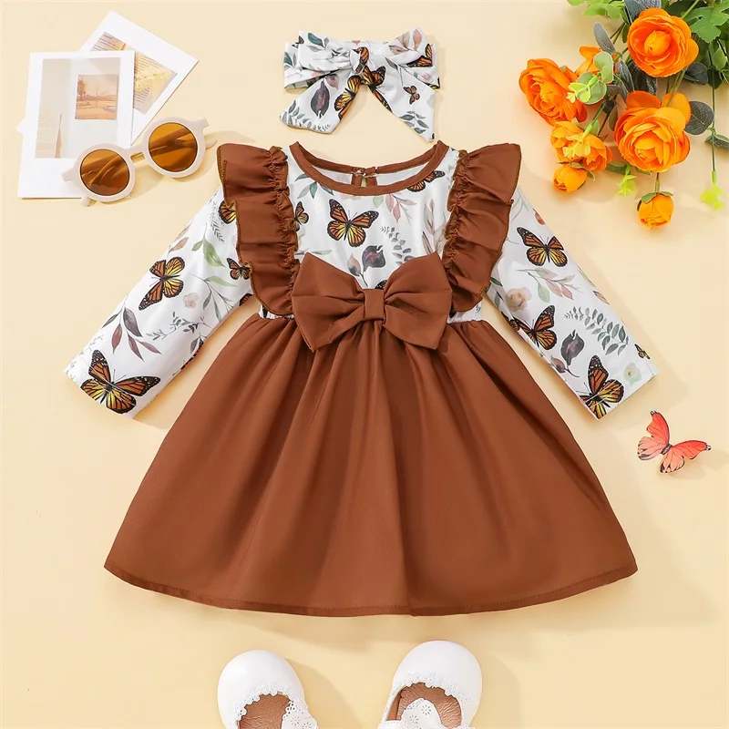 

Fall Spring Infant Baby Girls Dress Baby Girls Butterfly & Flower & Leaf Print Long Sleeve Cutout Dress Bow Headband