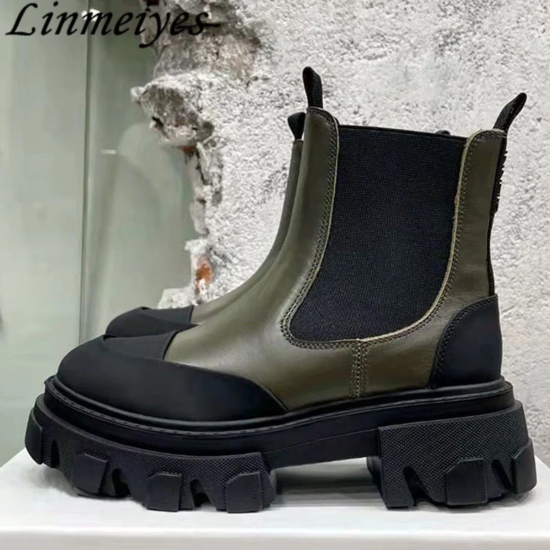 

Genuine Leather Chelsea Boots Women British Style Thick Sole Shoes Women Round Toe Flat Platform Motorcycle Boots Woman