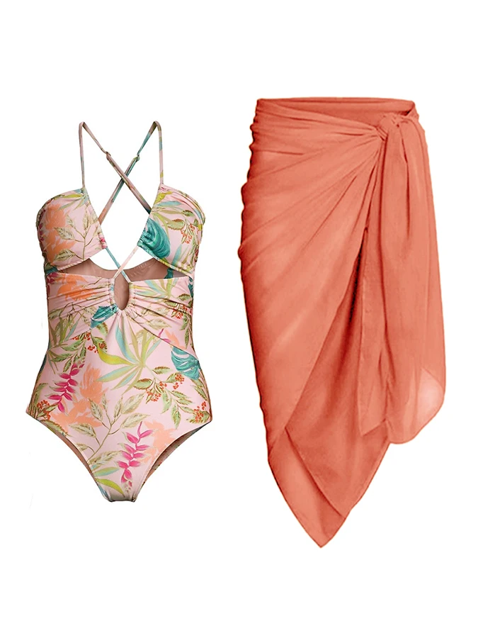 

2023 Summer Women's New Pink Hollowed Out Flower Print Strap Design One-piece Holiday Style Bikini Set