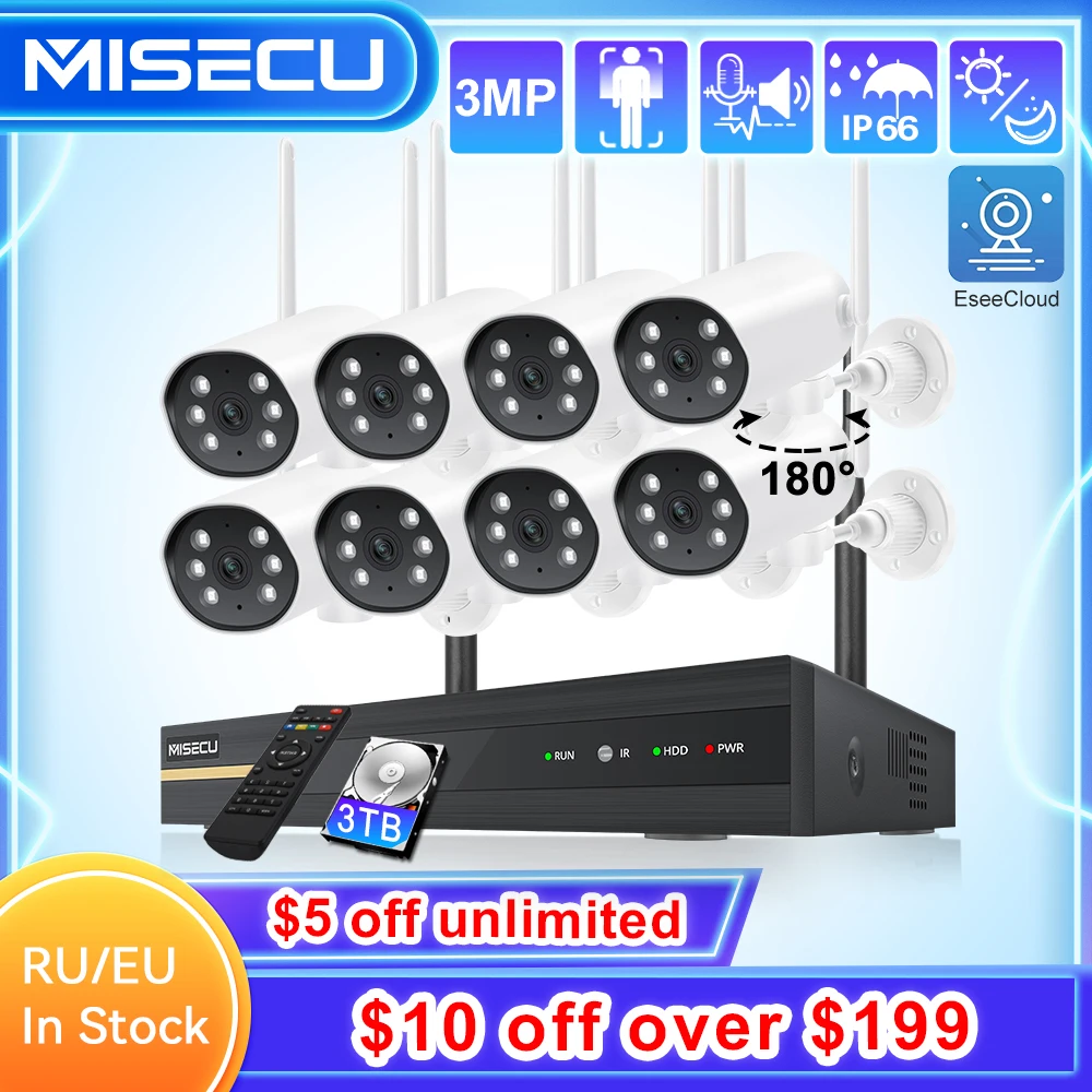 MISECU 8CH NVR 3MP Wireless Camera System Two Audio Outdoor Rotating Wifi Camera Waterproof P2P Security Video Surveillance Kit