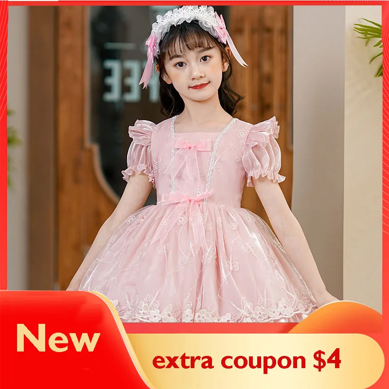 

New Dresses For Girl Lolita Style Bow Pink Casual Clothes Wedding Party Frock Evening Princess Costume Kids Tutu Vestidos 4-12 Y