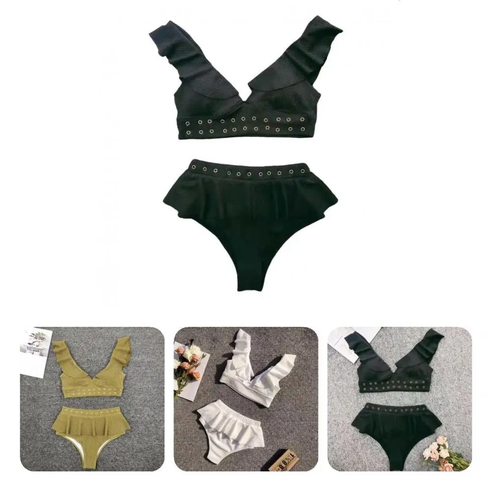 

Ruffle 2 Pcs/Set Chic Comfortable Lady Bikini Beachwear Bikini Set High Waist for Swimming