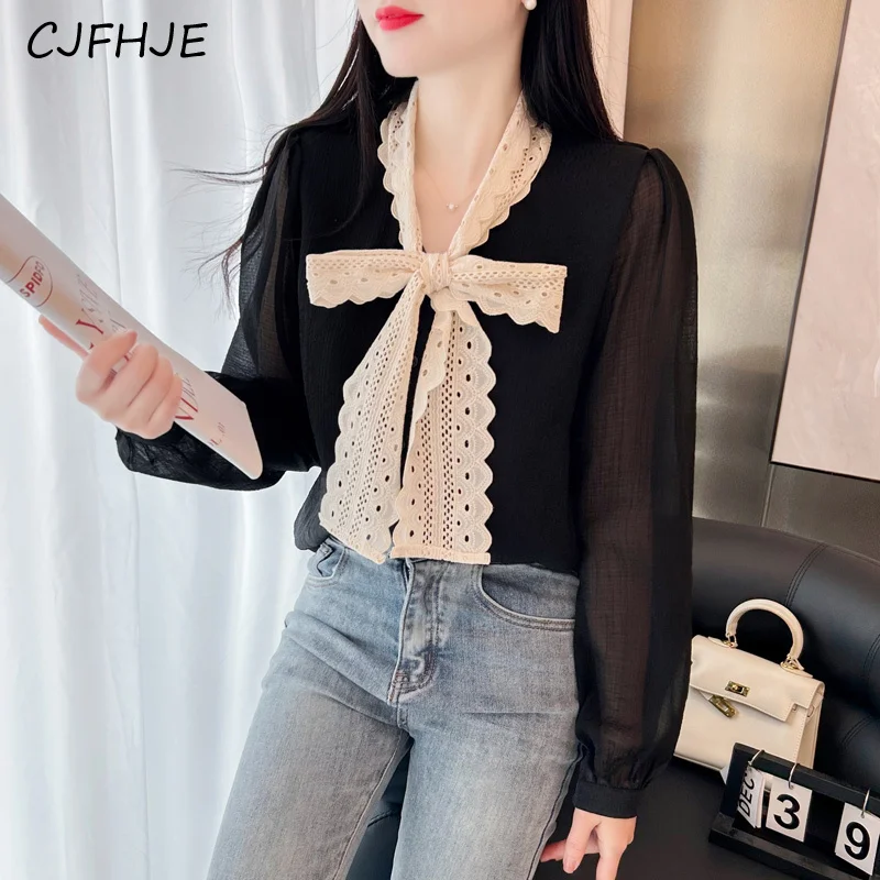 CJFHJE Весенняя кружевная Черная Женская рубашка с длинным рукавом бантом