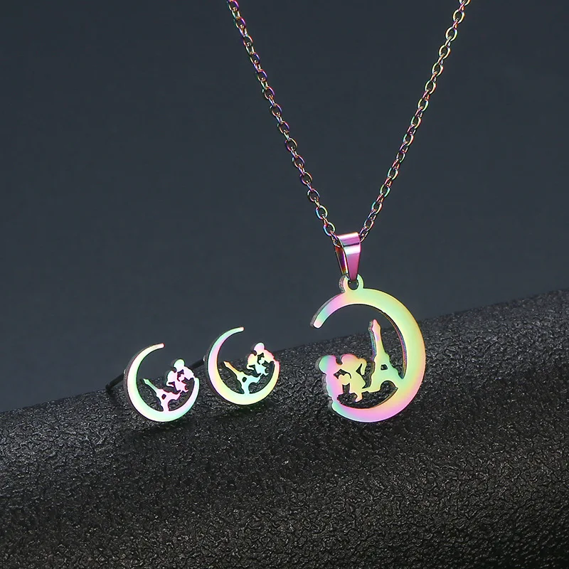 

Stainless Steel Colorful Tower Kiss Lover Pendant Chain Necklace Stud Earring for Women Party Birthday Fashion Jewelry Set Gift
