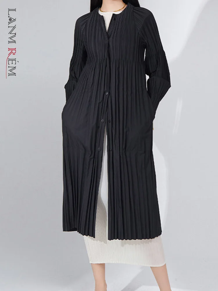 

LANMREM Casual Solid Color Pleated Windbreaker Women Round Neck Single Breasted Mid Length Trench Coat Autumn New 2AA1874