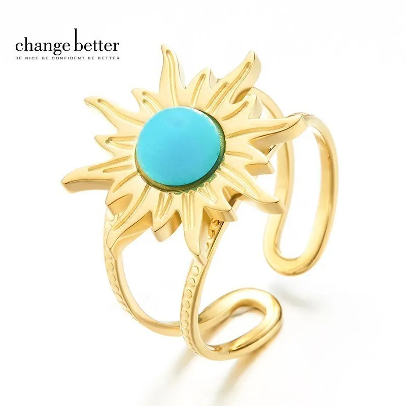 

Change Better Vintage Blue Turquoise Sunflower Rings For Women Natural Stone Simple Stainless Steel Open Adjustable Ring Gifts