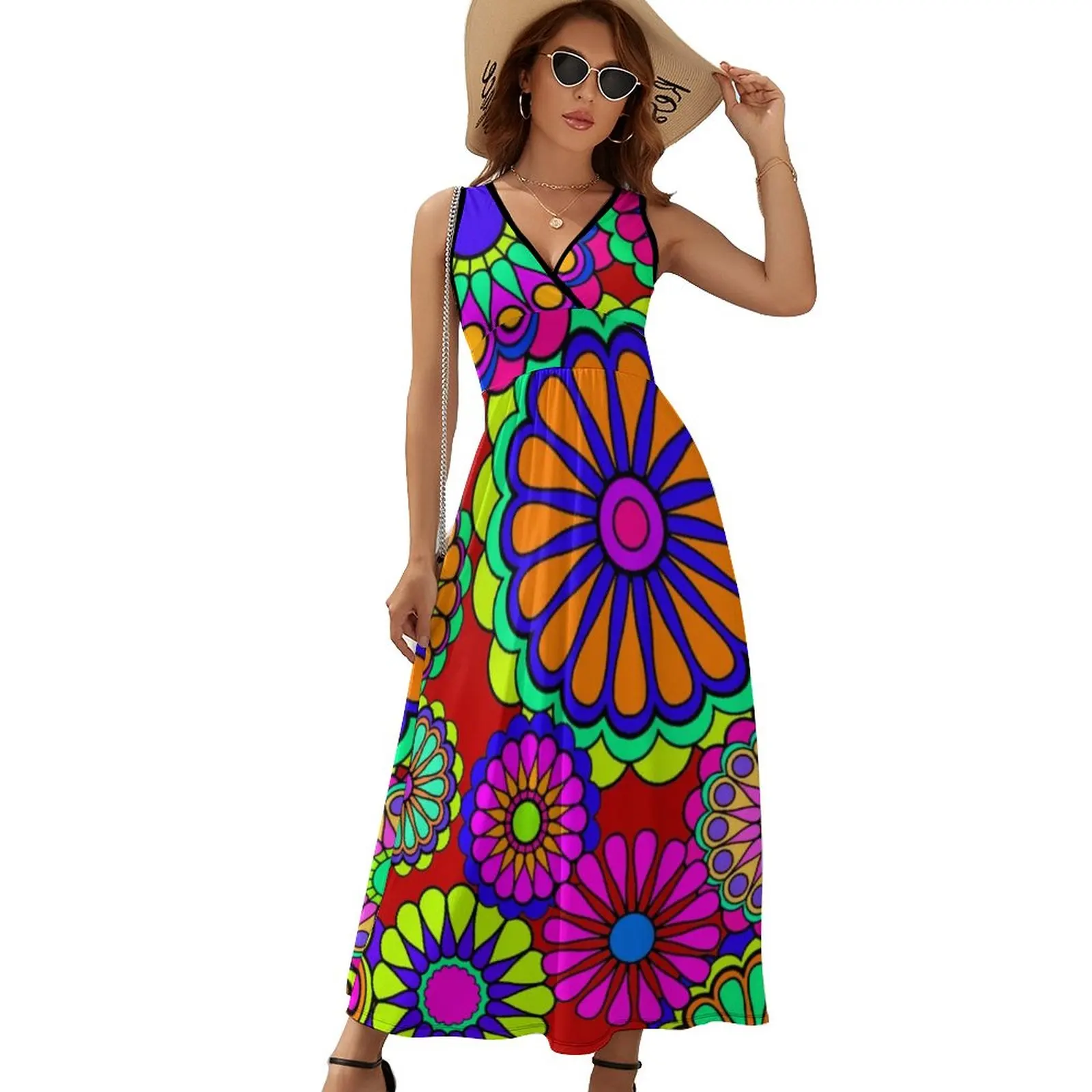 

Платье-макси с цветочным принтом, высокой талией и V-образным вырезом