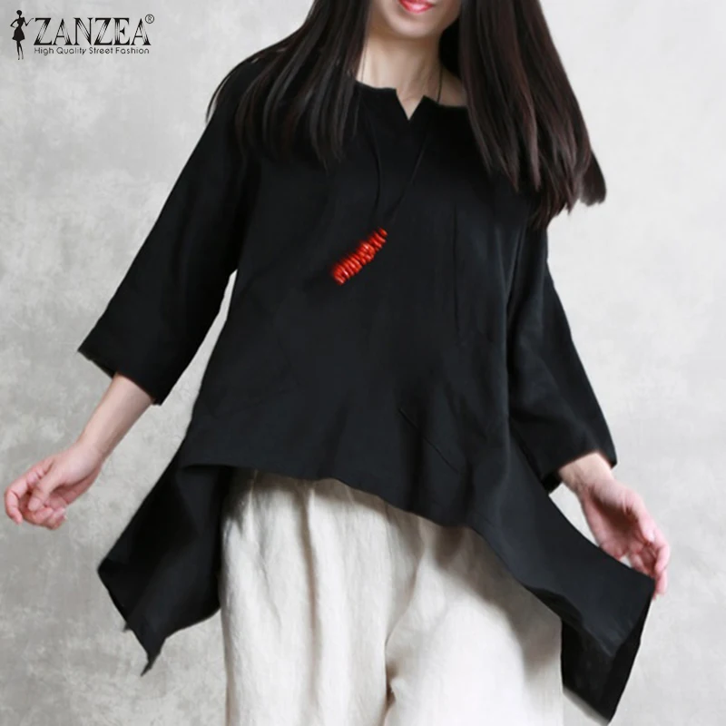 

ZANZEA 2022 Summer Blouse Women Elegant O Neck 3/4 Sleeve Tunic Tops Oversized Solid Asymmetrical Blouses Female Loose OL Blusas