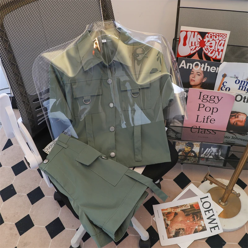 

Women's Two Piece Sets Short-sleeved Shirts High and Waist Shorts Pants Fashion Tooling Suit Summer Safari Style Overalls Outfit