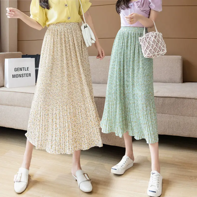 

Elegant Chiffon Boho Vintage Floral Bohemian Skirt Floral Print Chiffon Skirt Women High Waist A-Line Skirts Green Skirts 2022
