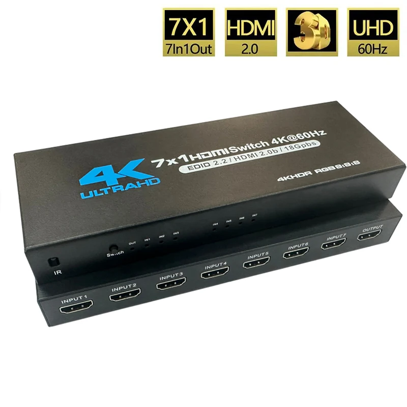 7-портовый Переключатель HDMI версии 2,0 4K @ 60 Гц HDMI 2,2 7x1 переключатель аудио видео преобразователь 7 в 1 выход поддержка HDR и HDCP