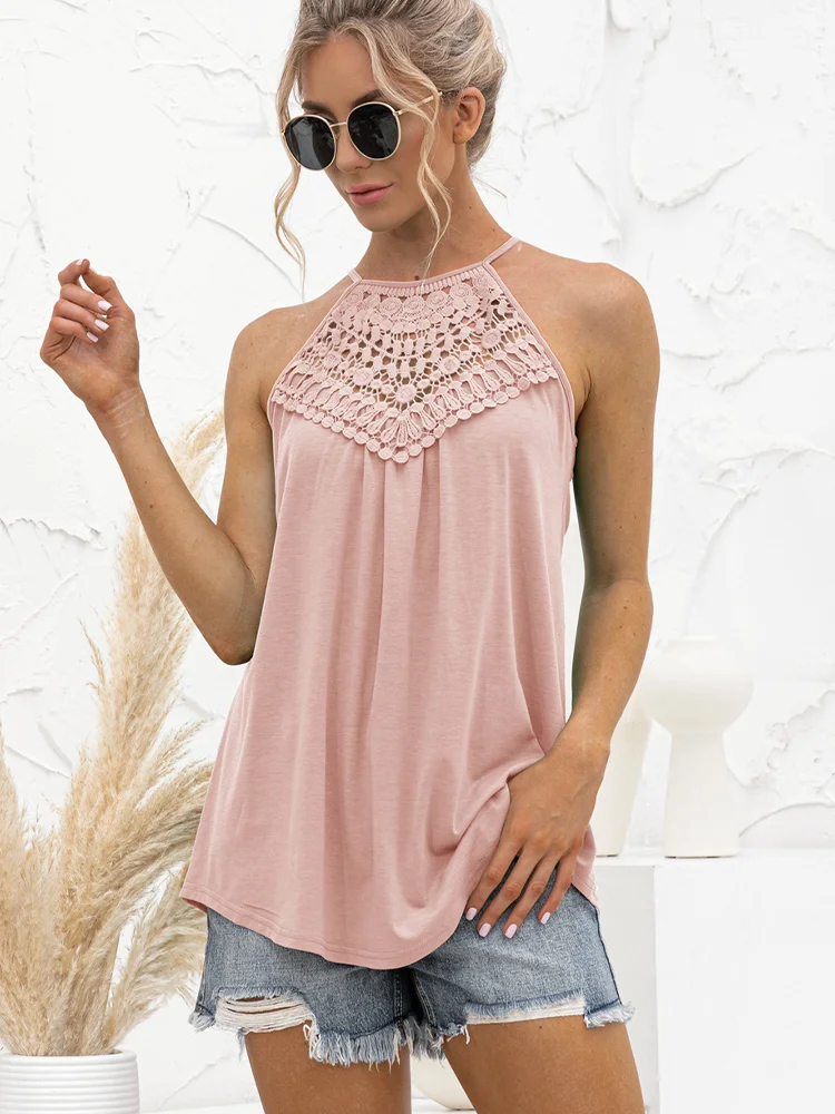 

Feminine Off-shoulder Halter Vest Fashion Summer Ladies Casual Loose Sleeveless Solid Color O-neck Lace Stitching Top 2021