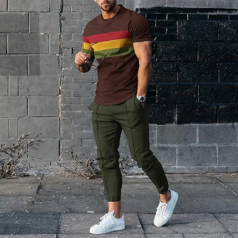 Tracksuit Men Summer Striped T-shirt Trousers 2 Piece Set Outfits Casual Jogging Suit Sportswear Oversized Fashion Man Clothing
