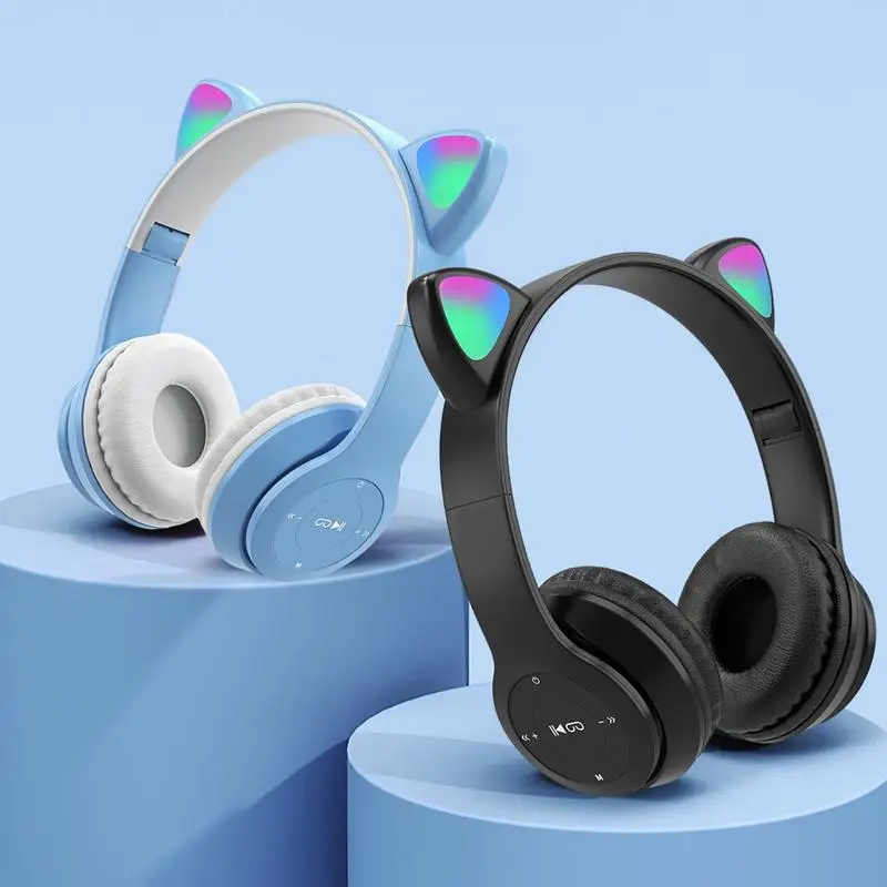 Сияющие наушники с микрофоном и Bluetooth в стиле мультяшных кошачьих ушек.
