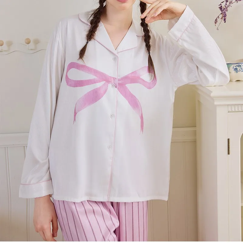 Рубашки с бантом и брюки-стрипа милый повседневный пижамный костюм новинка 2025